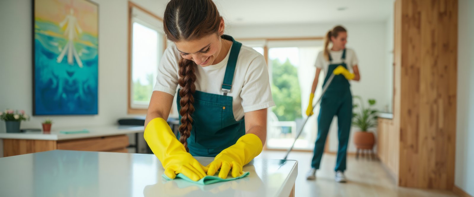 Cleanora professional domestic cleaner cleaning a bright modern home kitchen