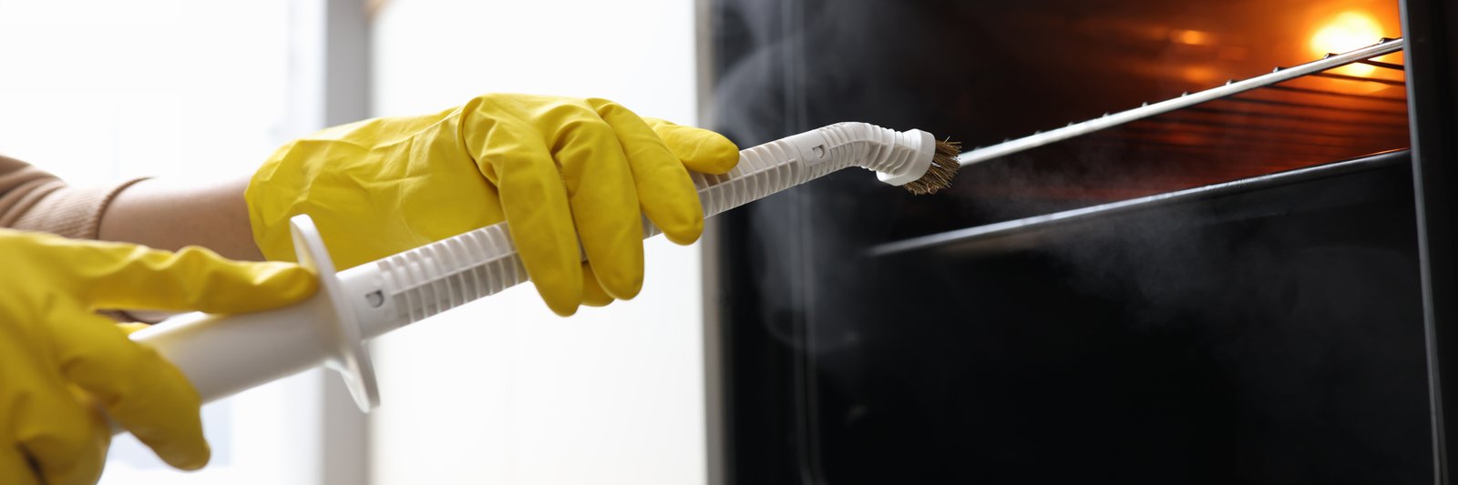 Cleanora professional oven cleaning technician removing burnt carbon deposits from an appliance